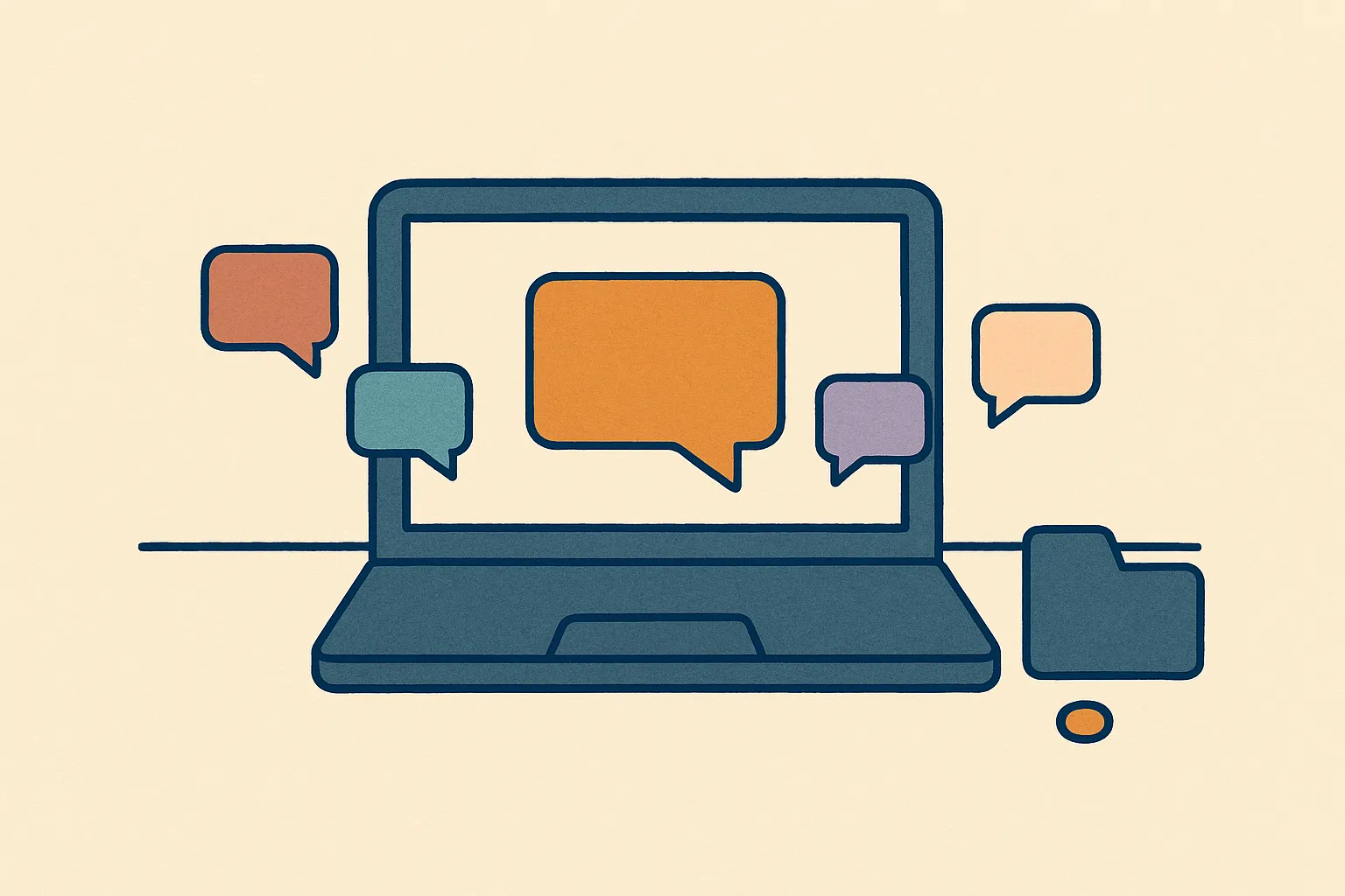 Flat-vector laptop drawing five separate chat tiles into one tidy orange desktop workspace