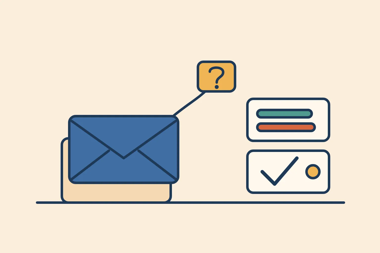 Flat editorial illustration of an envelope with a question-mark tag next to two answer cards, one with two bars of almost equal length and one with a check mark