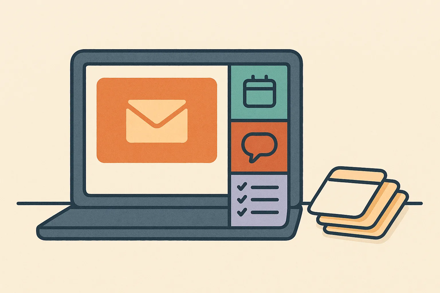 Flat vector laptop showing Gmail, chat, calendar, and task panes organized in one desktop workspace