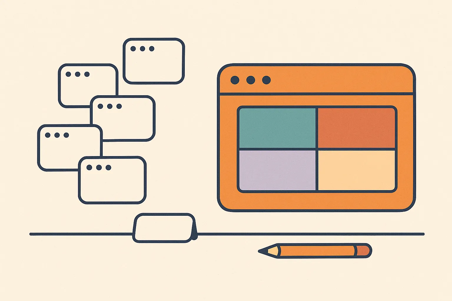 Flat vector desk with several app windows merging into one calm orange desktop workspace