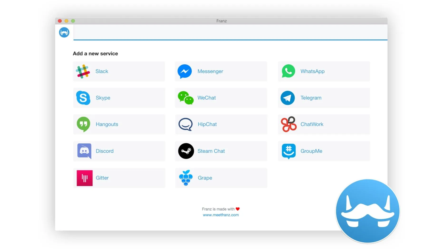 A screenshot of Franz 1.0 from March 2016, showing several messaging services aggregated into a single desktop window