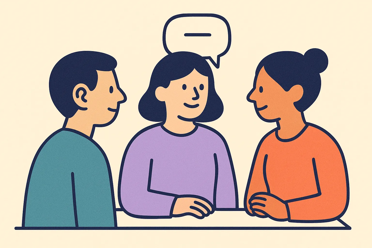 Team members seated around a table, each visibly engaged in attentive turn-taking conversation