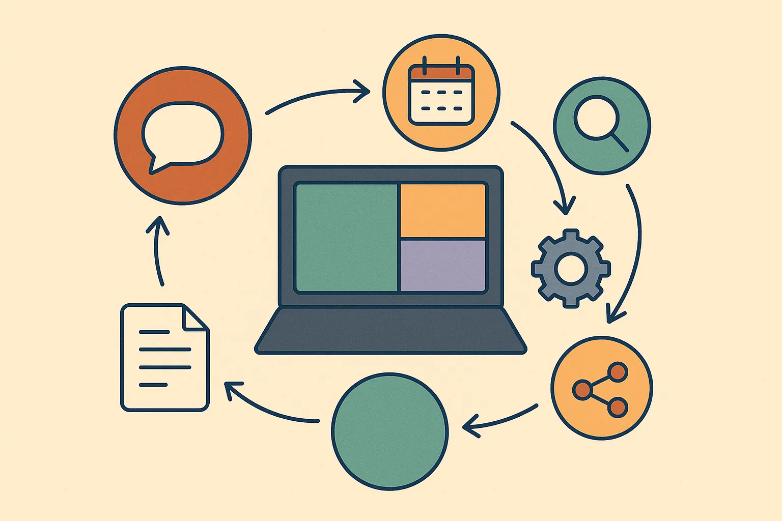 Fragmented workspace with scattered app windows and overflowing inbox drowning out focused work